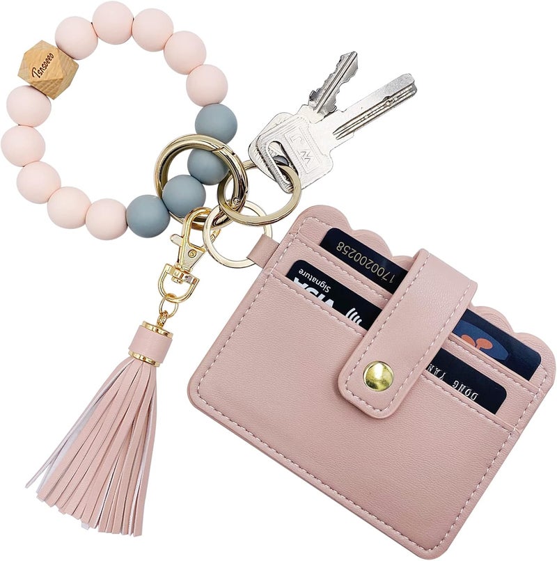 TSNSOEEO Keychain Wallet Wristlet Small Credit Card Holder Bracelet Key Chain Purse Bangle Tassel Beads Key Rings for Women - Image 1
